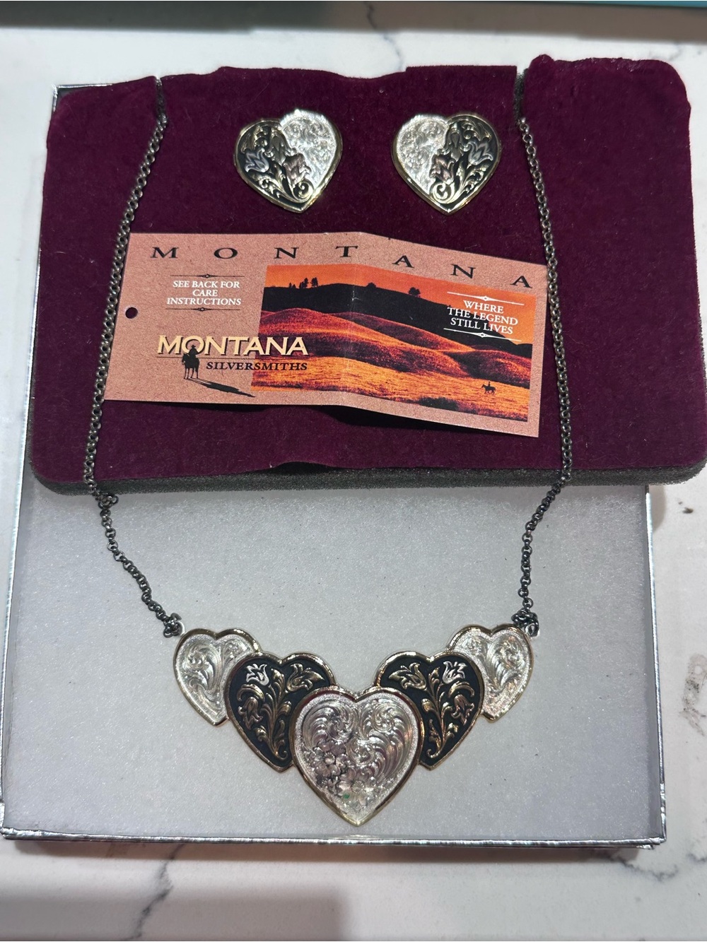 Montana silversmiths earring and necklace set heart flower filigree new in box